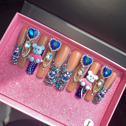 Blue Diamond Blue Bear -- handmade customize acrylic press on nails--Missunail