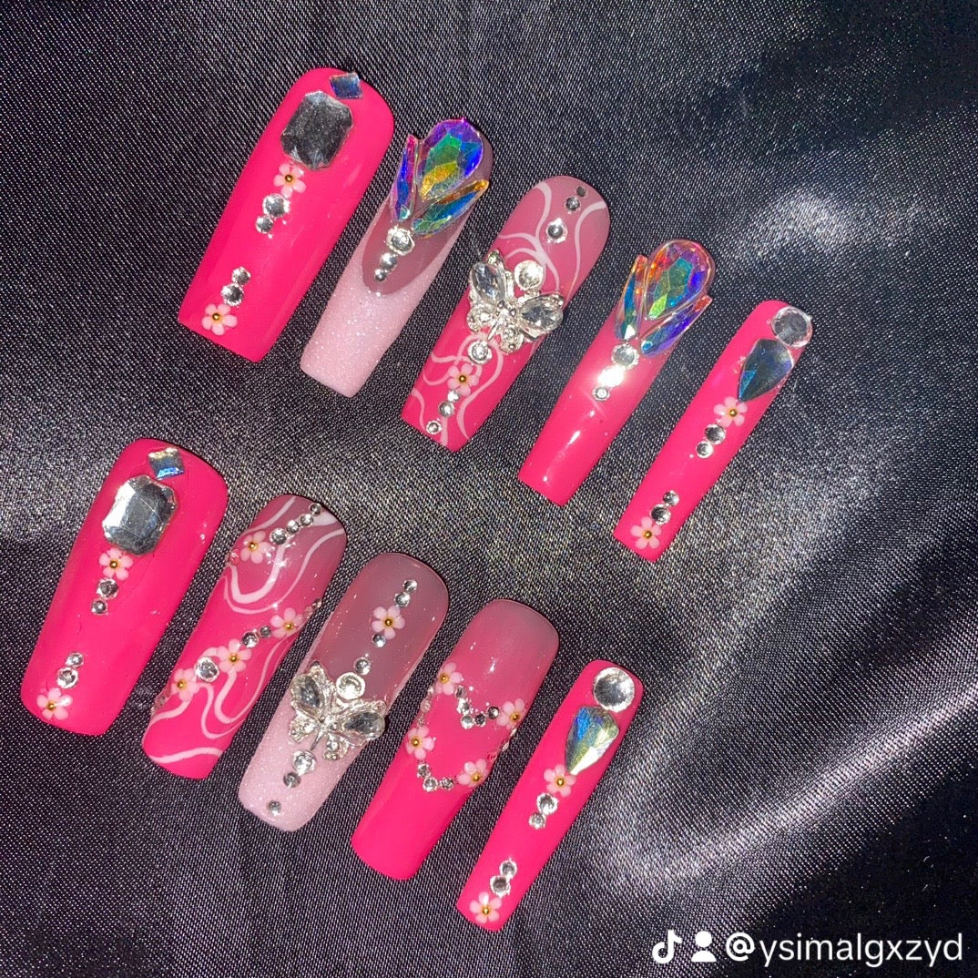 S62---pink rhinestone handmade customize acrylic press on nails--Missunails