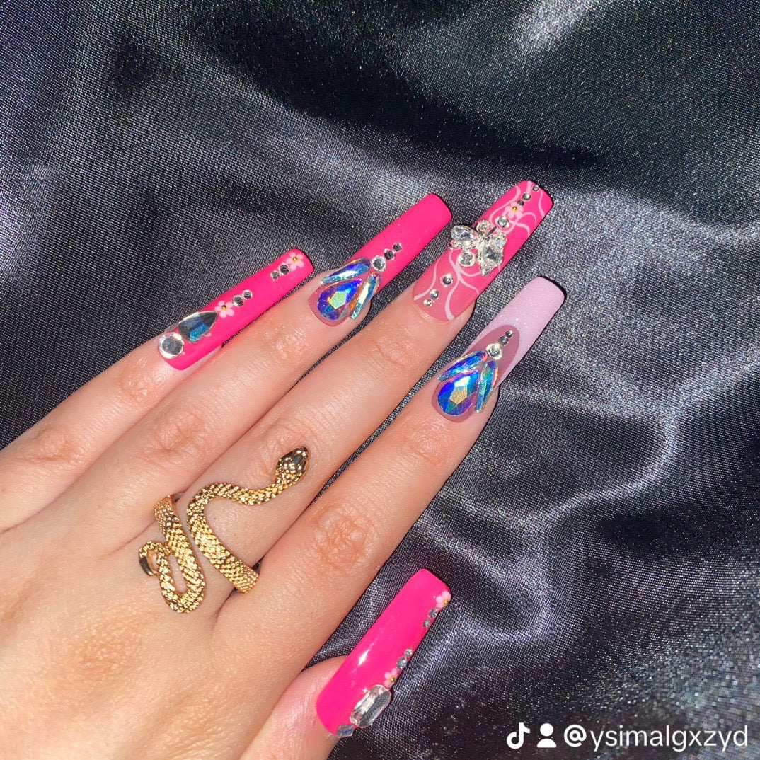 S62---pink rhinestone handmade customize acrylic press on nails--Missunails