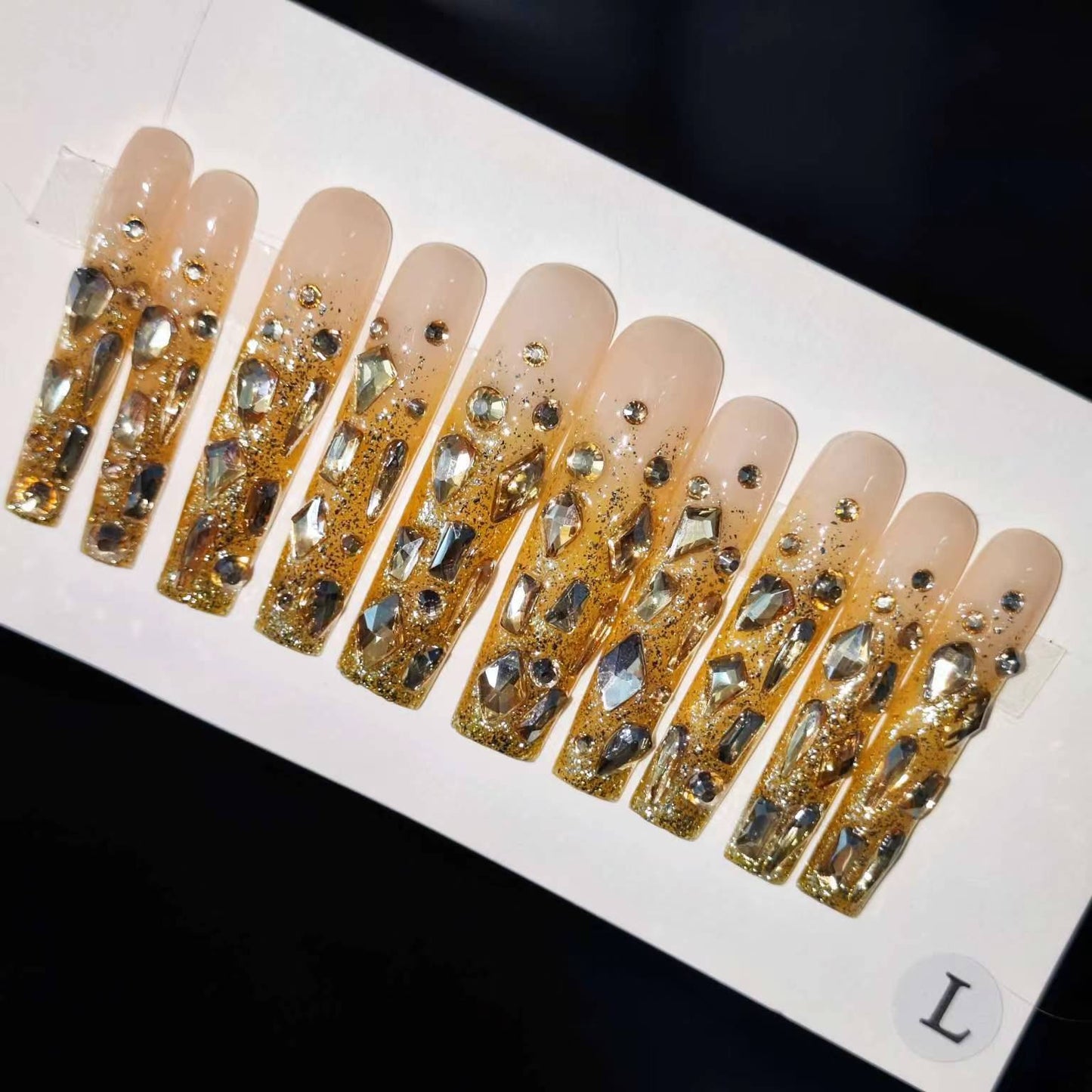 G52---shinning golden rhinestone handmade customize acrylic press on nails--Missunails