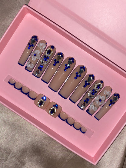 Blue 3D flowers and rhinestones finger and toe nails tips-- handmade customize acrylic press on nails--Missunail