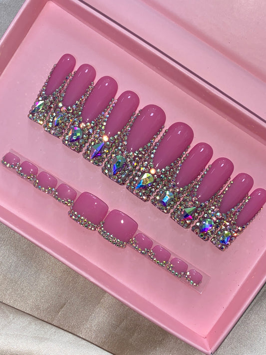 pink rhinestones finger and toe nails tips-- handmade customize acrylic press on nails--Missunail