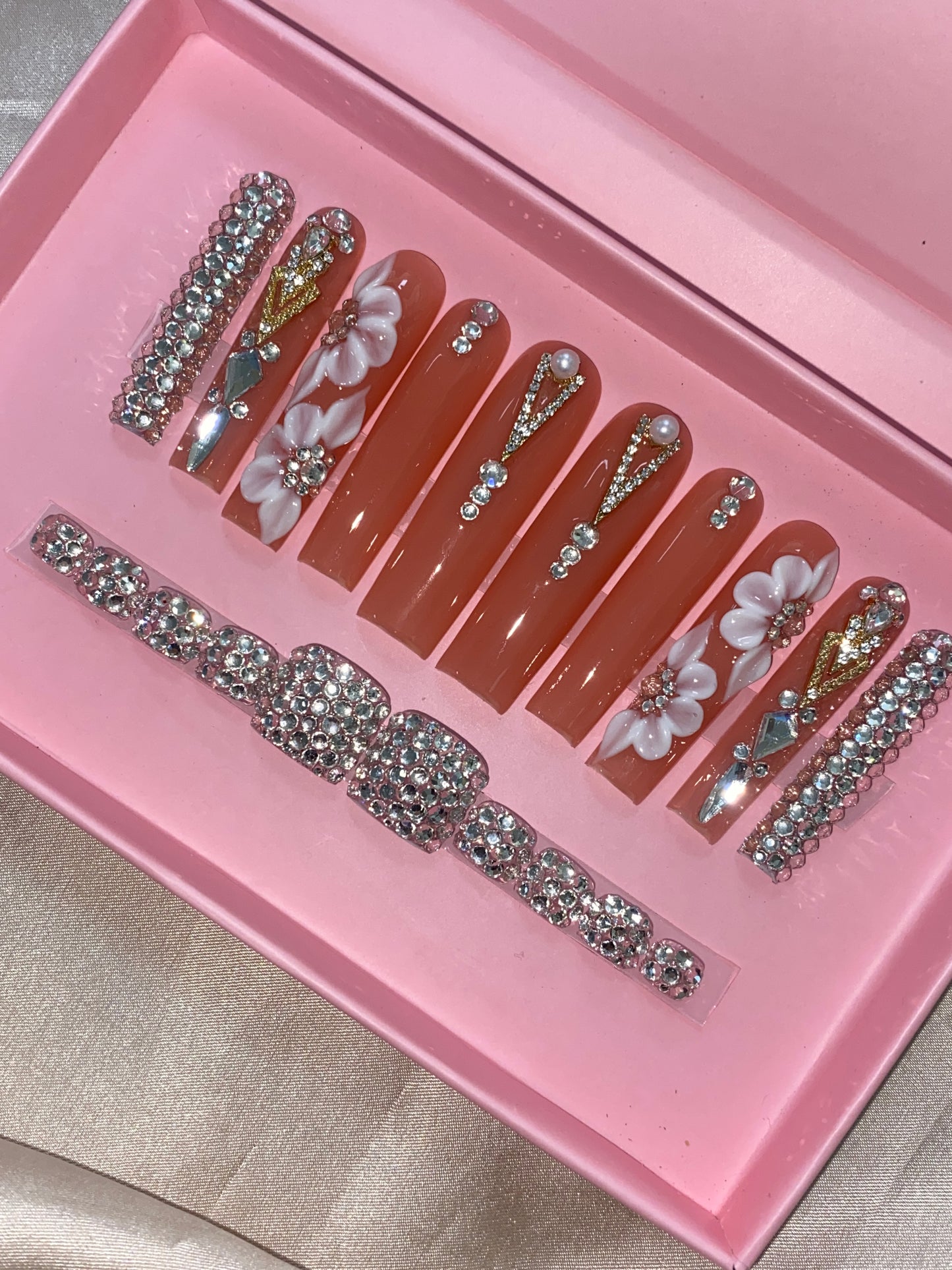 Blue 3D flowers and rhinestones finger and toe nails tips-- handmade customize acrylic press on nails--Missunail