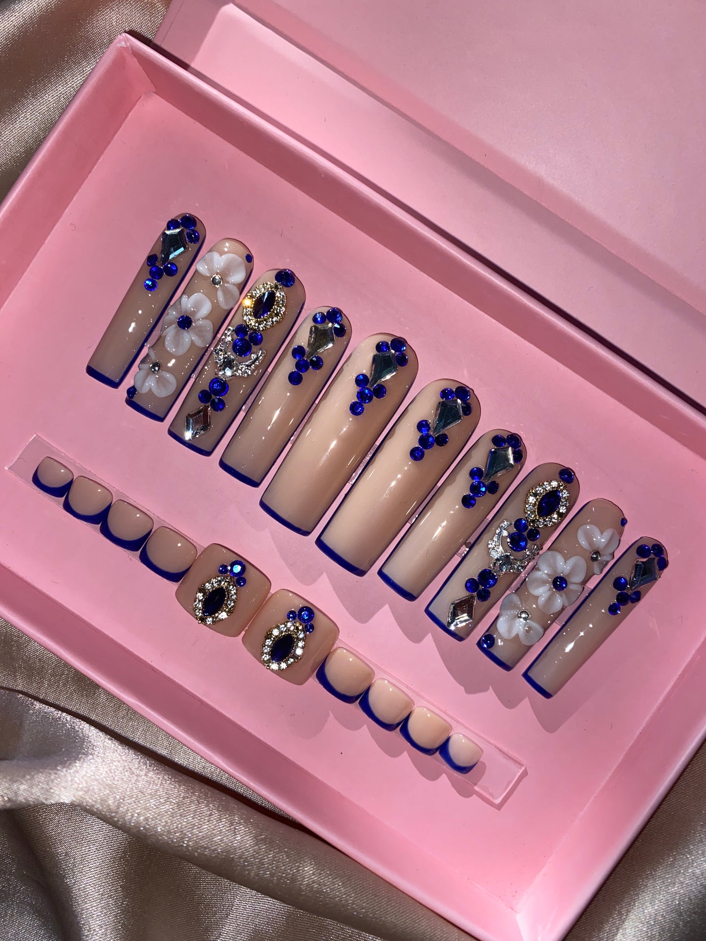 Blue 3D flowers and rhinestones finger and toe nails tips-- handmade customize acrylic press on nails--Missunail