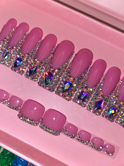 pink rhinestones finger and toe nails tips-- handmade customize acrylic press on nails--Missunail