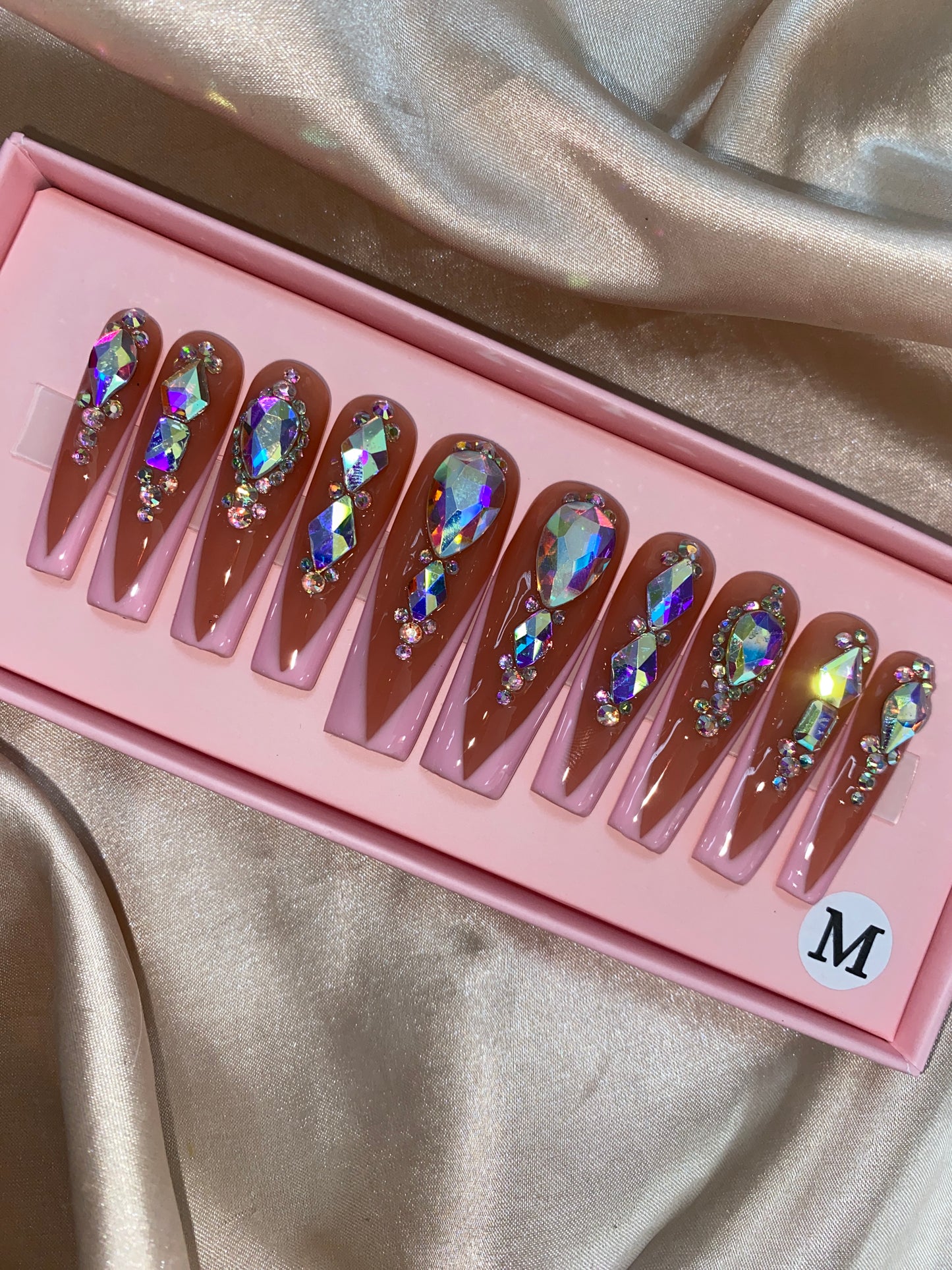 pink frech tips and rhinestone nails-- handmade customize acrylic press on nails--Missunail