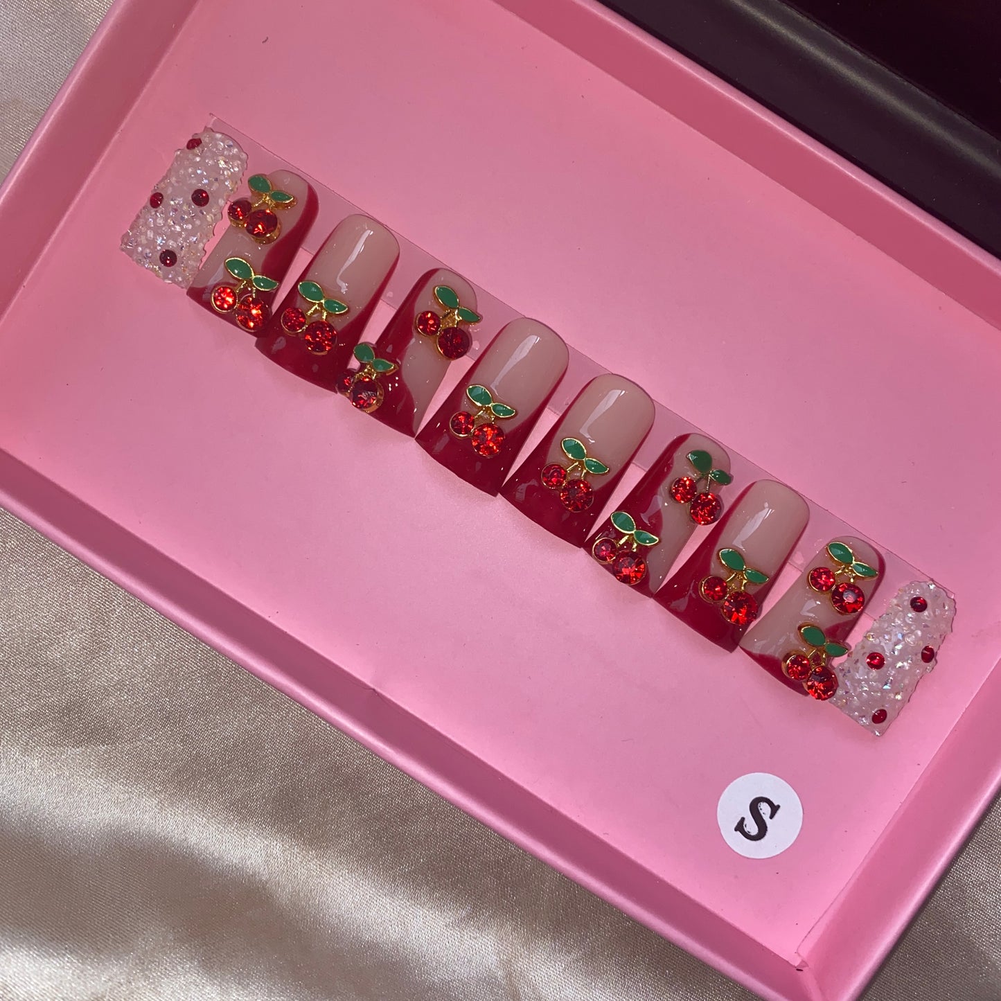 red cherry duck bill shapes nails-- handmade customize acrylic press on nails--Missunail