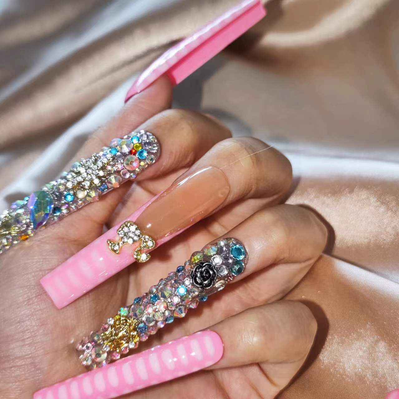 S26---shinning pink handmade customize acrylic press on nails---Missunails