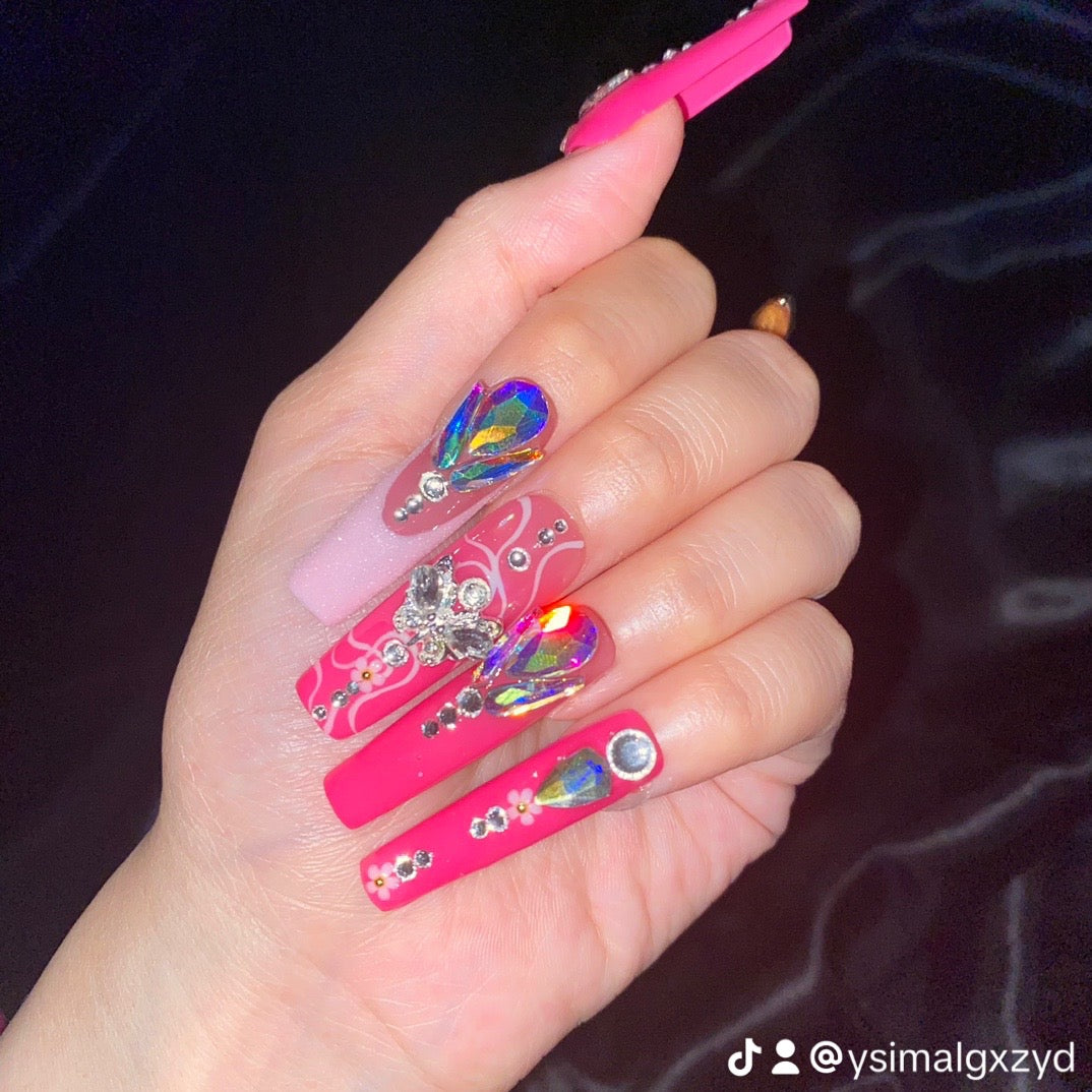 S62---pink rhinestone handmade customize acrylic press on nails--Missunails