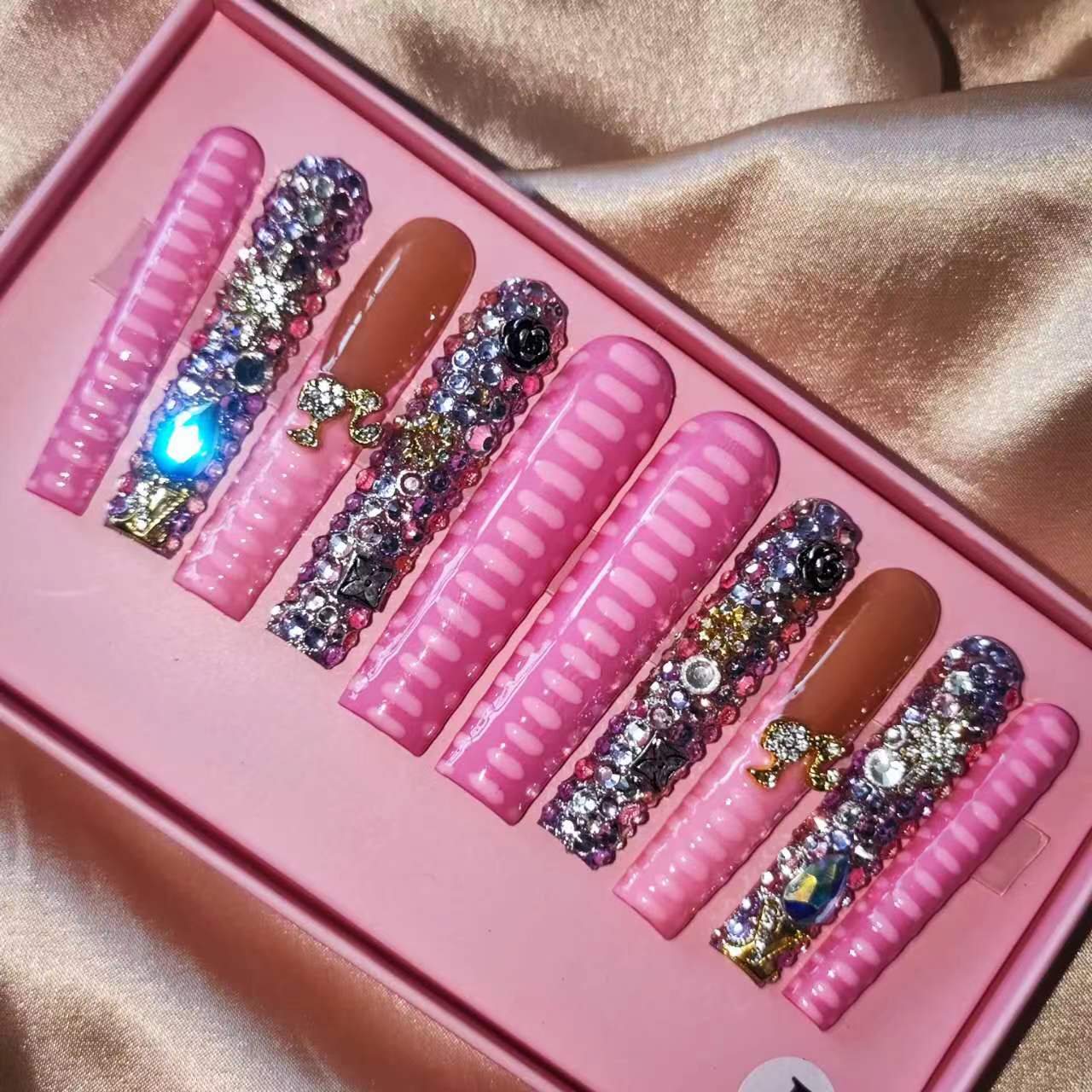 S26---shinning pink handmade customize acrylic press on nails---Missunails